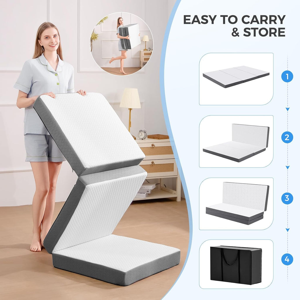Masvis Trifold Mattress, 4 Inch Memory Foam Foldable Mattress With Washable Cover, Tri-Folding Floor Bed For Camping, Twin