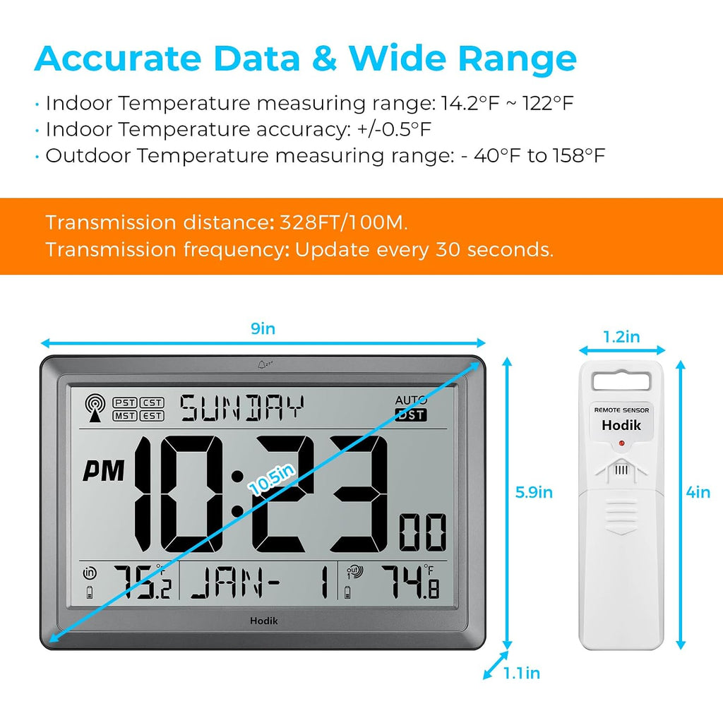 Atomic Wall Clock With Indoor Outdoor Temperature, 10.5 Inch Digital Wall Clock Battery Operated, Dst, 12/24 Hour For Living Room Bedroom (Silver)
