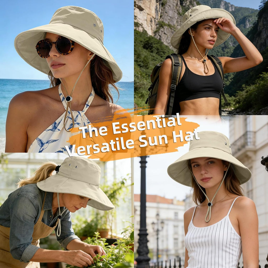 Sun Hats for Women Wide Brim Bucket Hat Ponytail, Fishing Hat UPF 50+ Packable for Beach Gardening with Fold-Up Brim