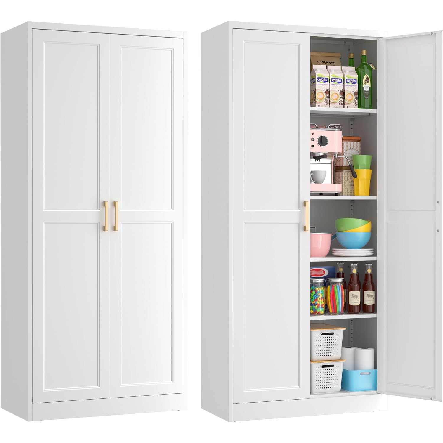 71" Tall Metal Pantry Cabinet, White Kitchen Pantry Storage Cabinet With 4 Adjustable Shelves And Gold Handles, Cupboard For Kitchen, Dining Room, Living Room, Bathroom