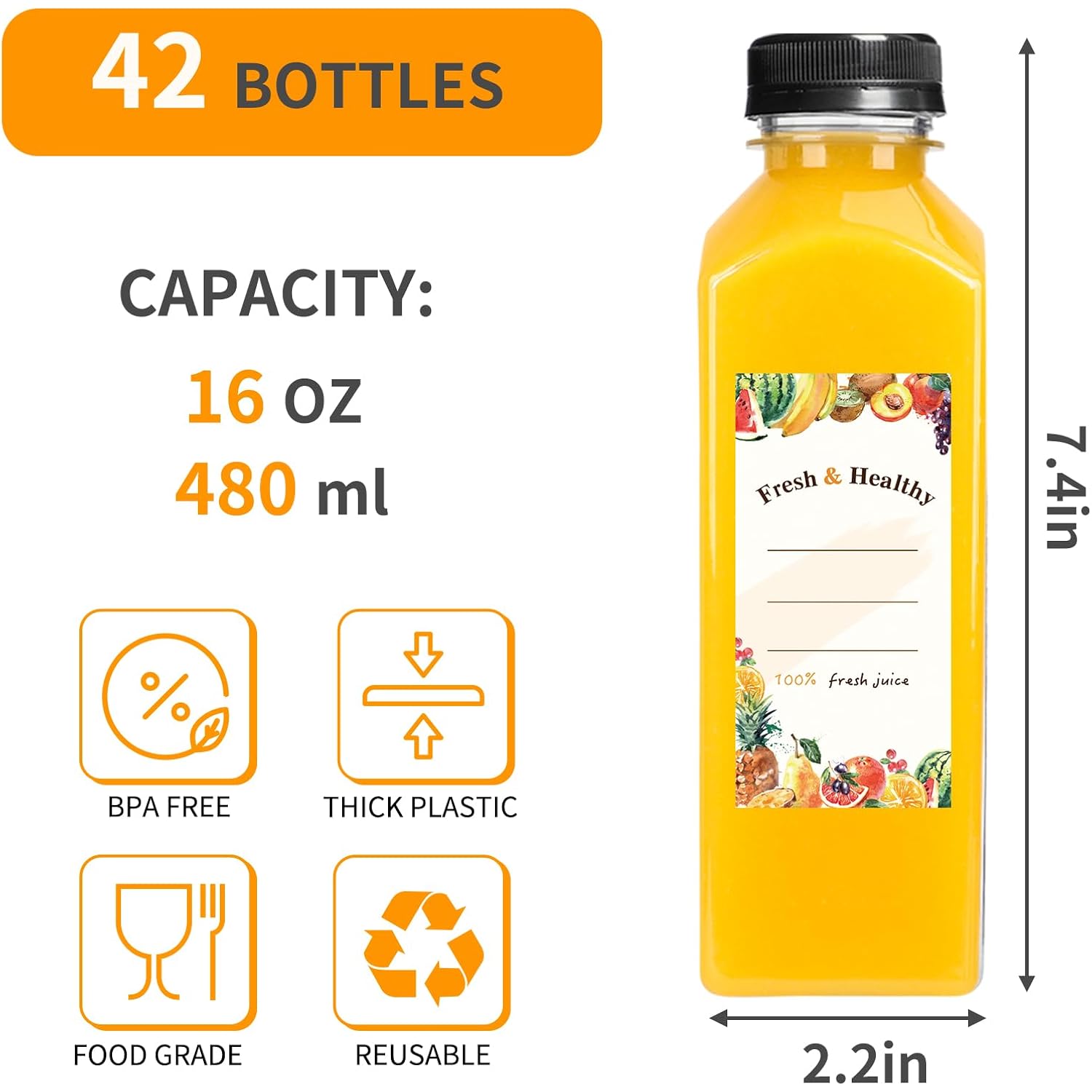 Moretoes 42Pcs 16Oz Plastic Juice Bottles With Caps, Reusable Juicing Bottles With Lids, Clear Containers For Smoothies And Other Beverages