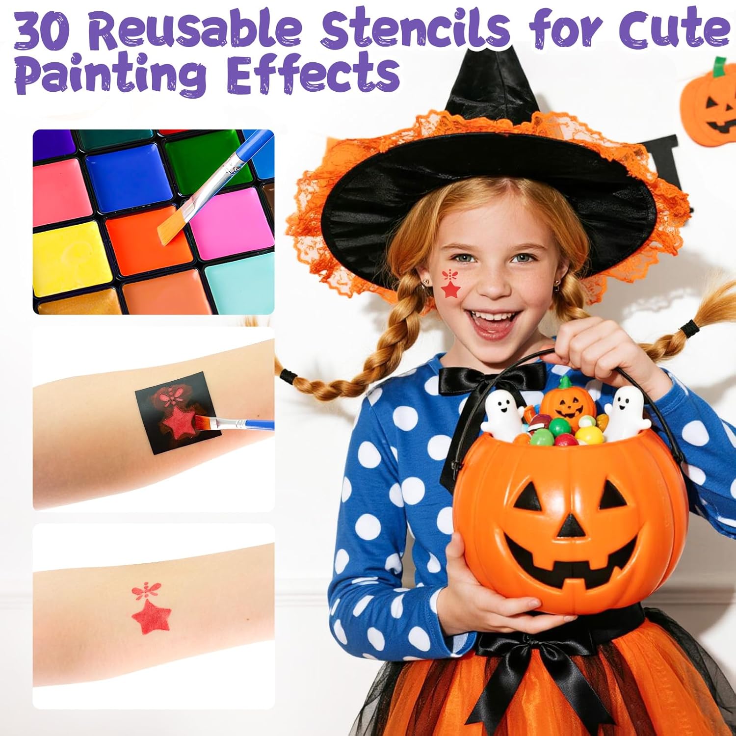 Face Painting Kit for Kids, 36 Colors Water Activated Face Paint with Brushes & Stencils, Non-Toxic Halloween Makeup Kit, Professional Face Body Paint for Halloween, Parties, Carnival, School Events