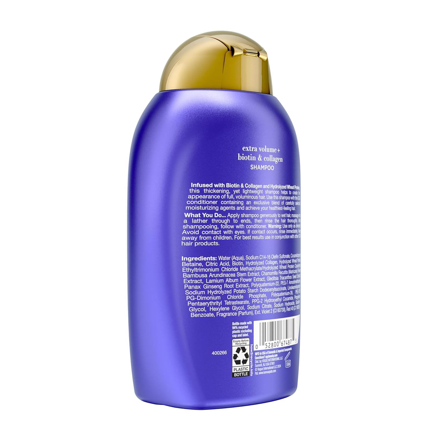 OGX Thick & Full + Biotin Collagen Extra Strength Volumizing Shampoo with Vitamin B7 Hydrolyzed Wheat Protein for Fine Hair. Sulfate-Free Surfactants Thicker, Fuller Hair, 13 Fl Oz
