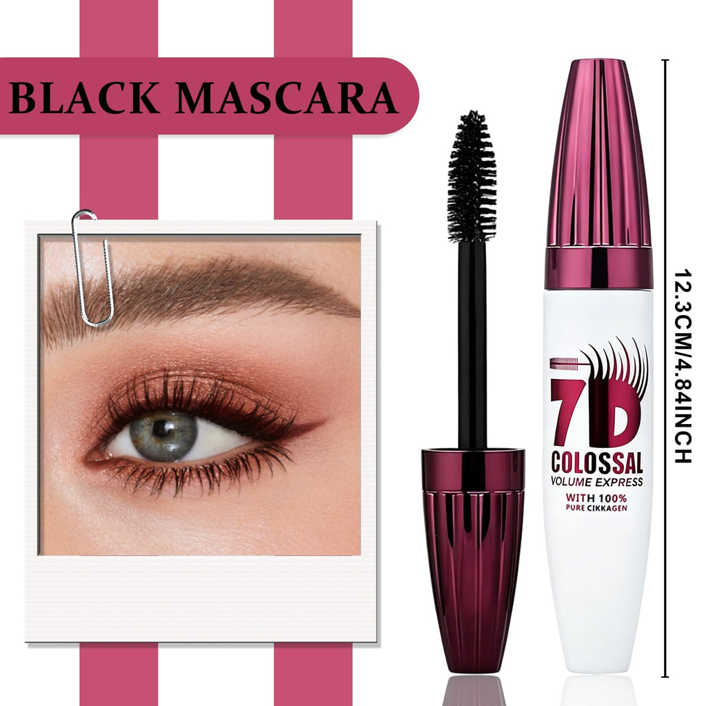 3Pcs 7D Waterproof Volume Mascara, Black Lengthening Thickening Fiber Lashes Mascara, Smudge-Proof Long Lasting Curling Volumizing Eye Makeup for Women Girl,Natural & Buildable Fuller Look