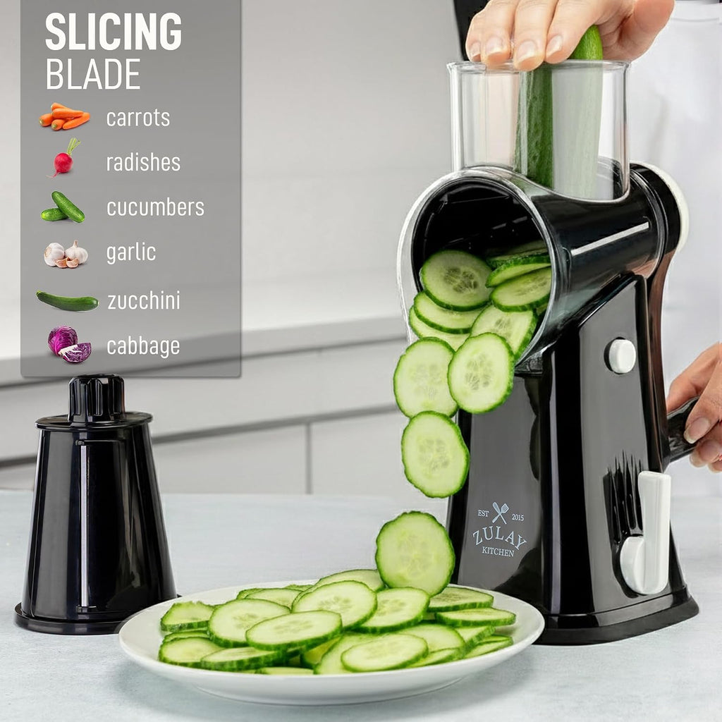 Zulay Kitchen Rotary Cheese Grater 5 Blade Cheese Shredder - Manual Hand Crank Cheese Grater With Reinforced Suction & 5 Interchangeable Drums - Easy To Use, Vegetable Chopper Round Mandoline Slicer