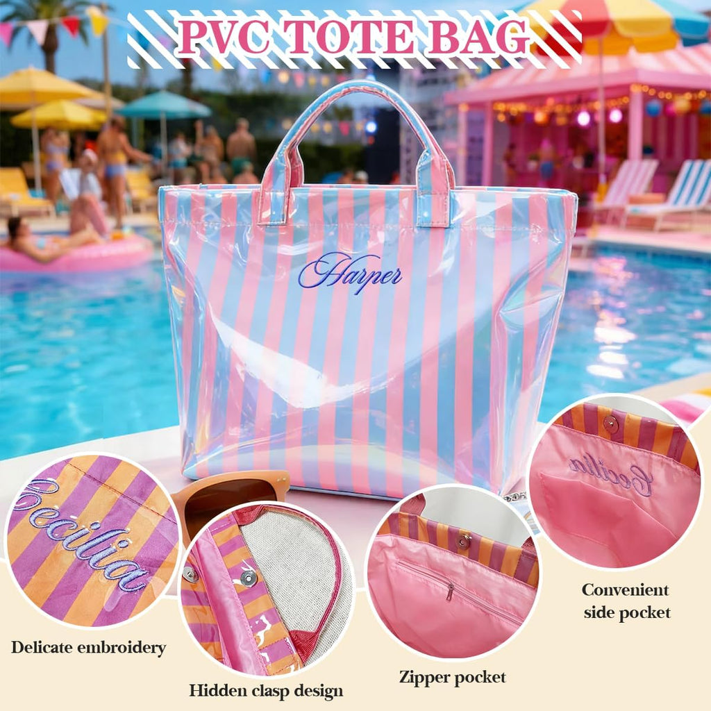 Personalized Striped PVC Tote Bag for Women w/ Name, Custom Waterproof Stylish Plastic Glossy Bag for Beach Pool Large Plaid Letters Print Hobo Handbag for Summer Vacation Travel, Girls Trip Gift