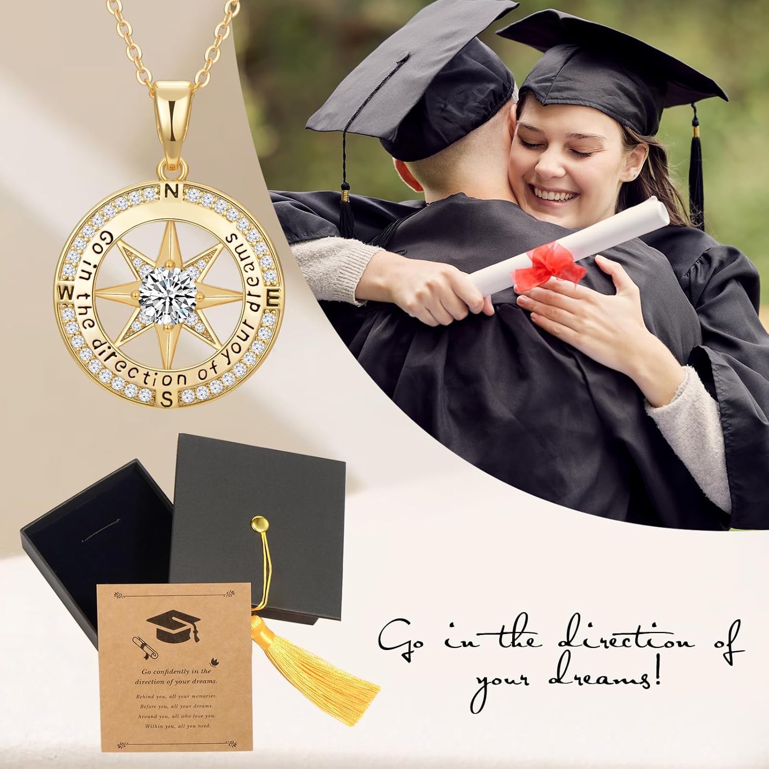 Graduation Gifts for Her, Inspirational Graduates Compass Necklace for Women Girls Jewelry, Class of Senior High School College Graduation Gifts for Friends with Congrats Grad Box and Gift Card (18K Gold Filled 925 Sterling Silver necklace)