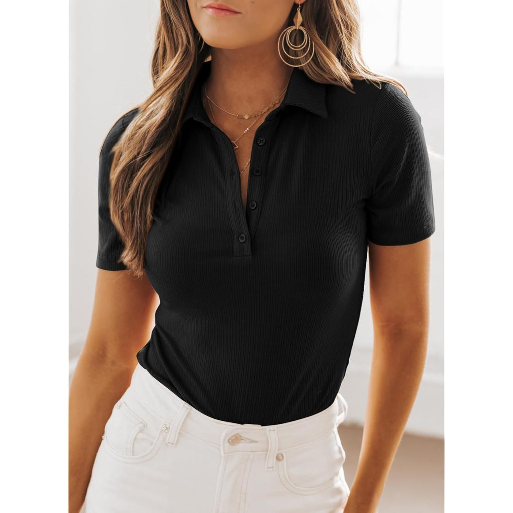 Womens Short Sleeve Business Casual Tops V Neck Fitted Collared Shirts Work Blouses