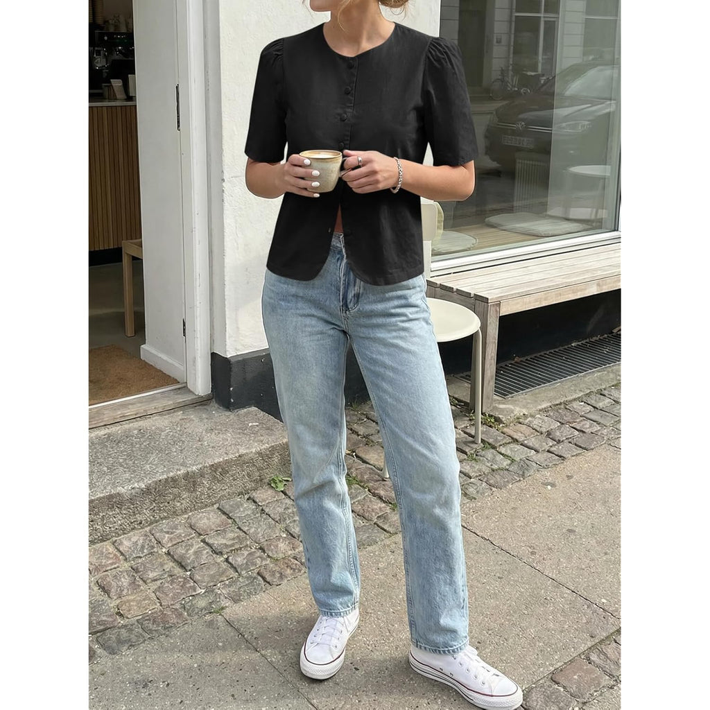 Womens Short Puff Sleeve Button Down Shirts Dressy Casual Blouses Summer Round Neck Cotton Tops