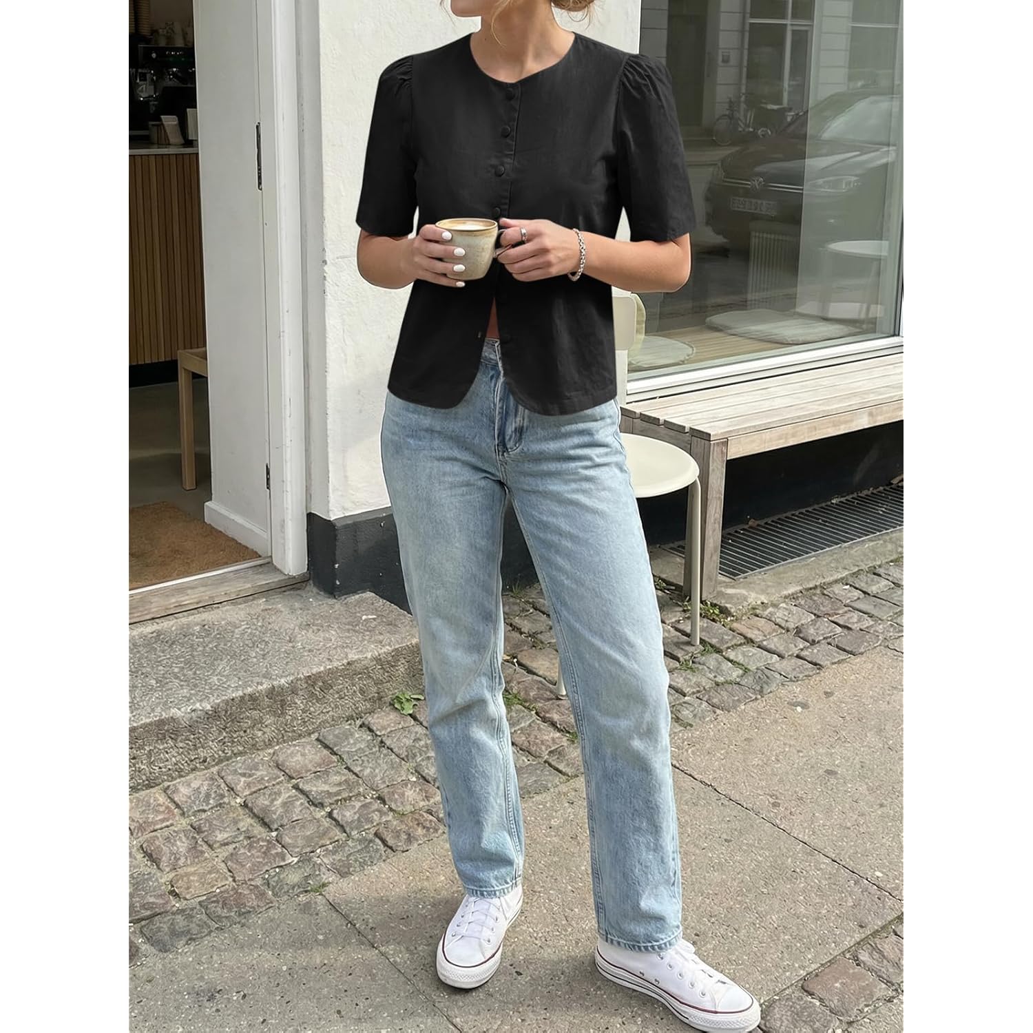 Womens Short Puff Sleeve Button Down Shirts Dressy Casual Blouses Summer Round Neck Cotton Tops