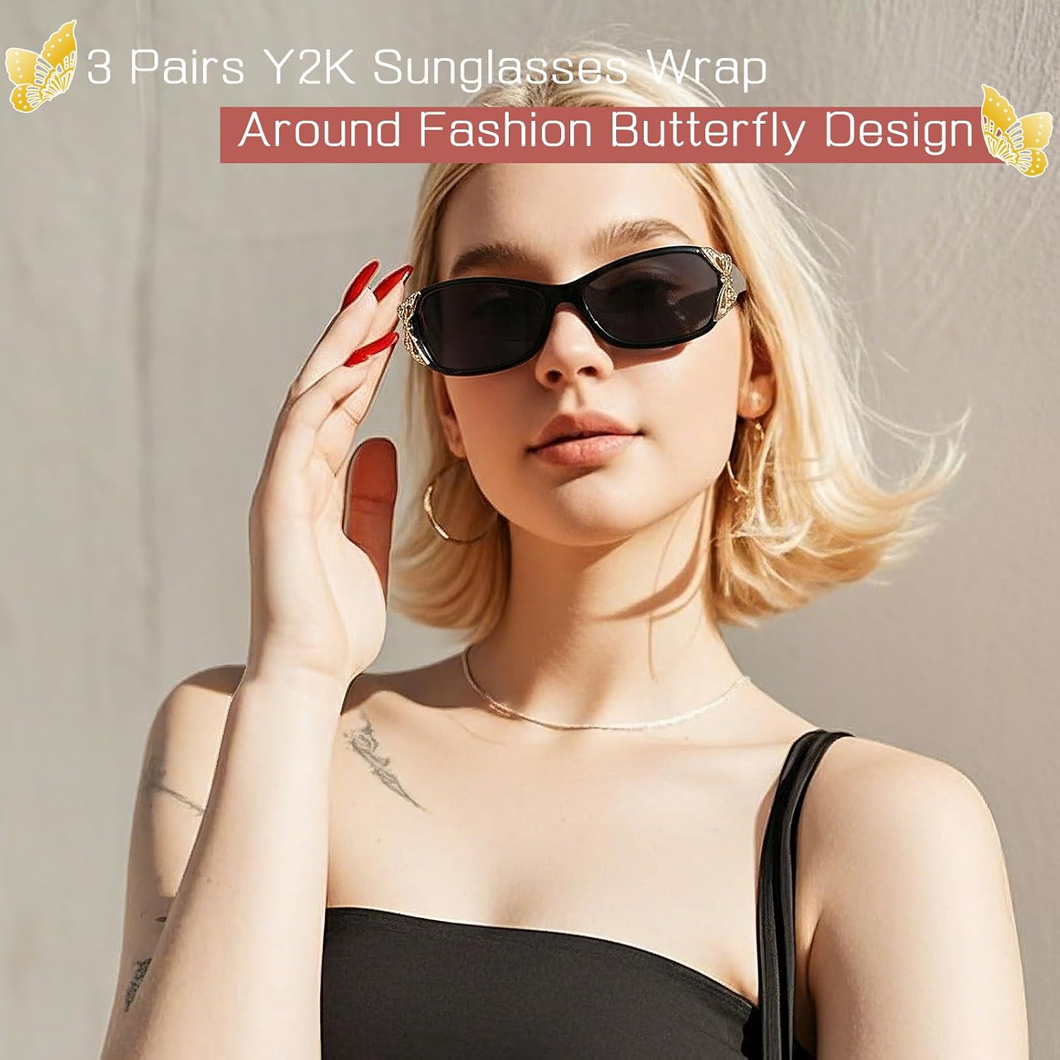 3 Pairs Y2K Sunglasses For Women, Fashion Wrap Around Butterfly Design Sun Glasses With Uv400 Protection