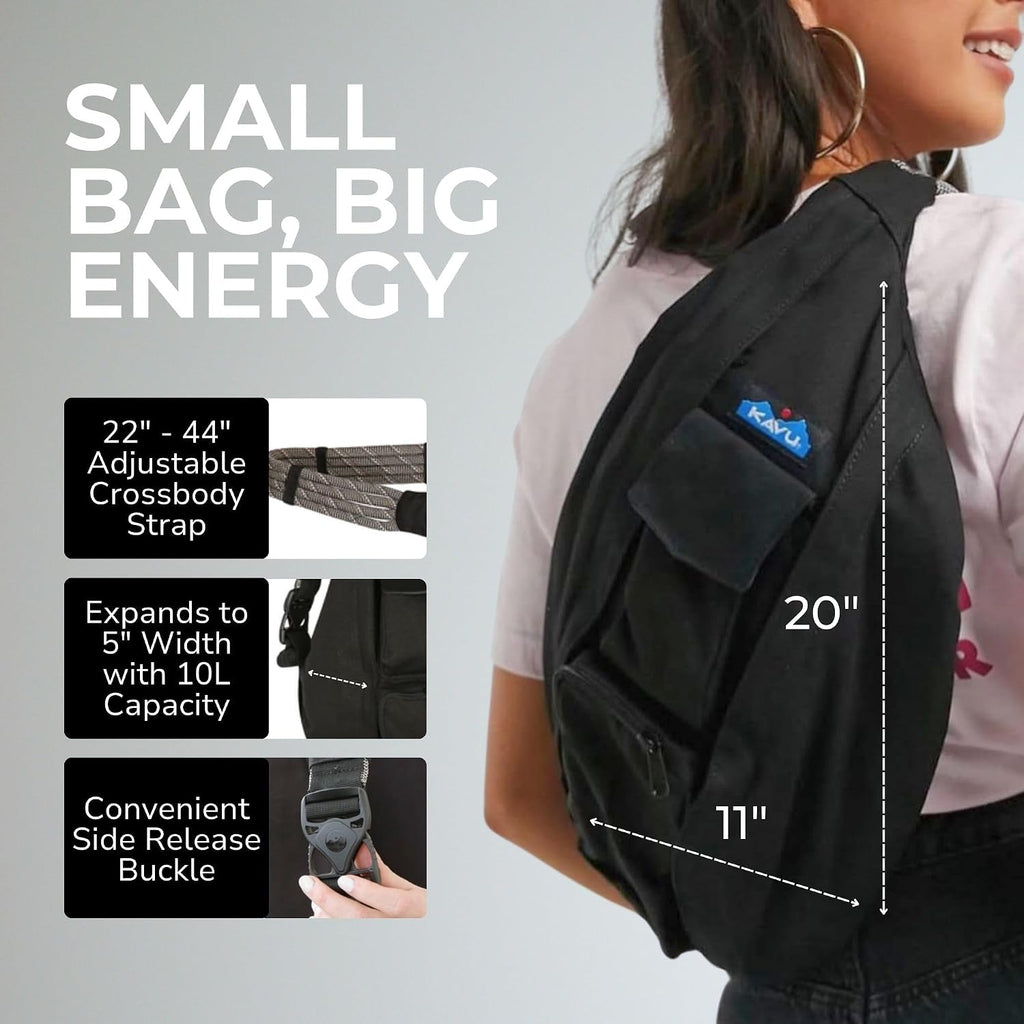 Kavu Rope Sling Bag - Large Crossbody Bags For Women & Men | Hands Free, Cross Body For Travel, Hiking & Everyday Carry, With Padded Back, Adjustable Rope Strap & Cotton Canvas