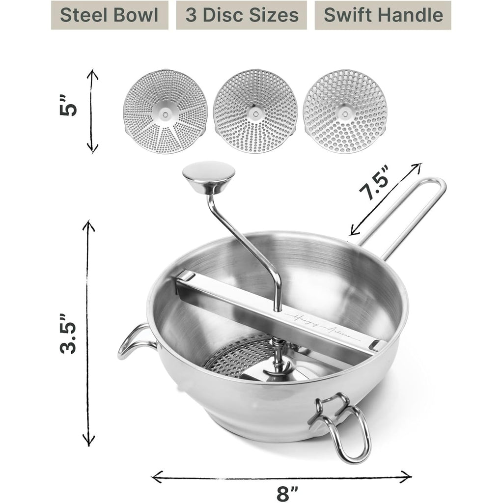 Stainless Steel Food Mill With 3 Discs – Ergonomic Rotary Hand Crank For Tomato Sauce, Applesauce, Baby Food, Mashed Potatoes, Puree & Canning