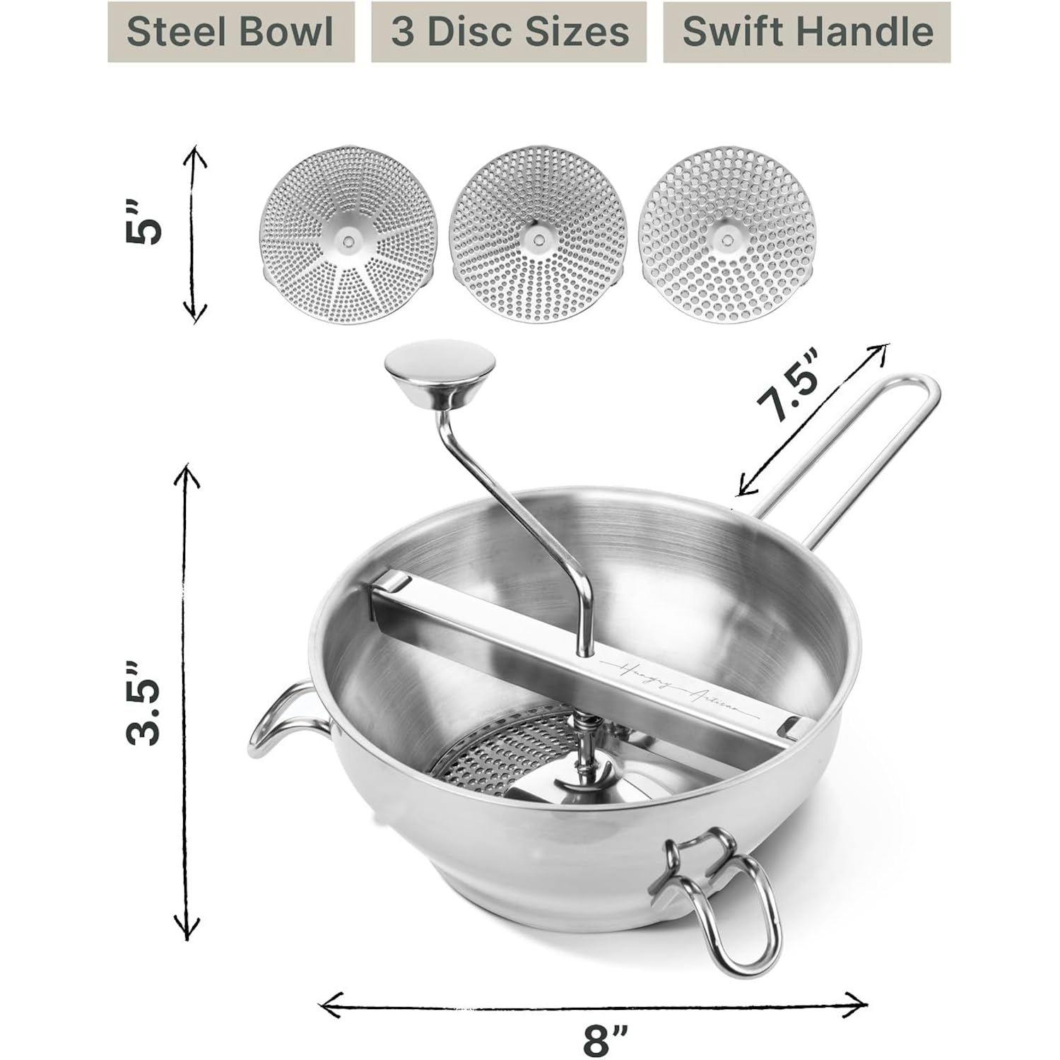 Stainless Steel Food Mill With 3 Discs – Ergonomic Rotary Hand Crank For Tomato Sauce, Applesauce, Baby Food, Mashed Potatoes, Puree & Canning