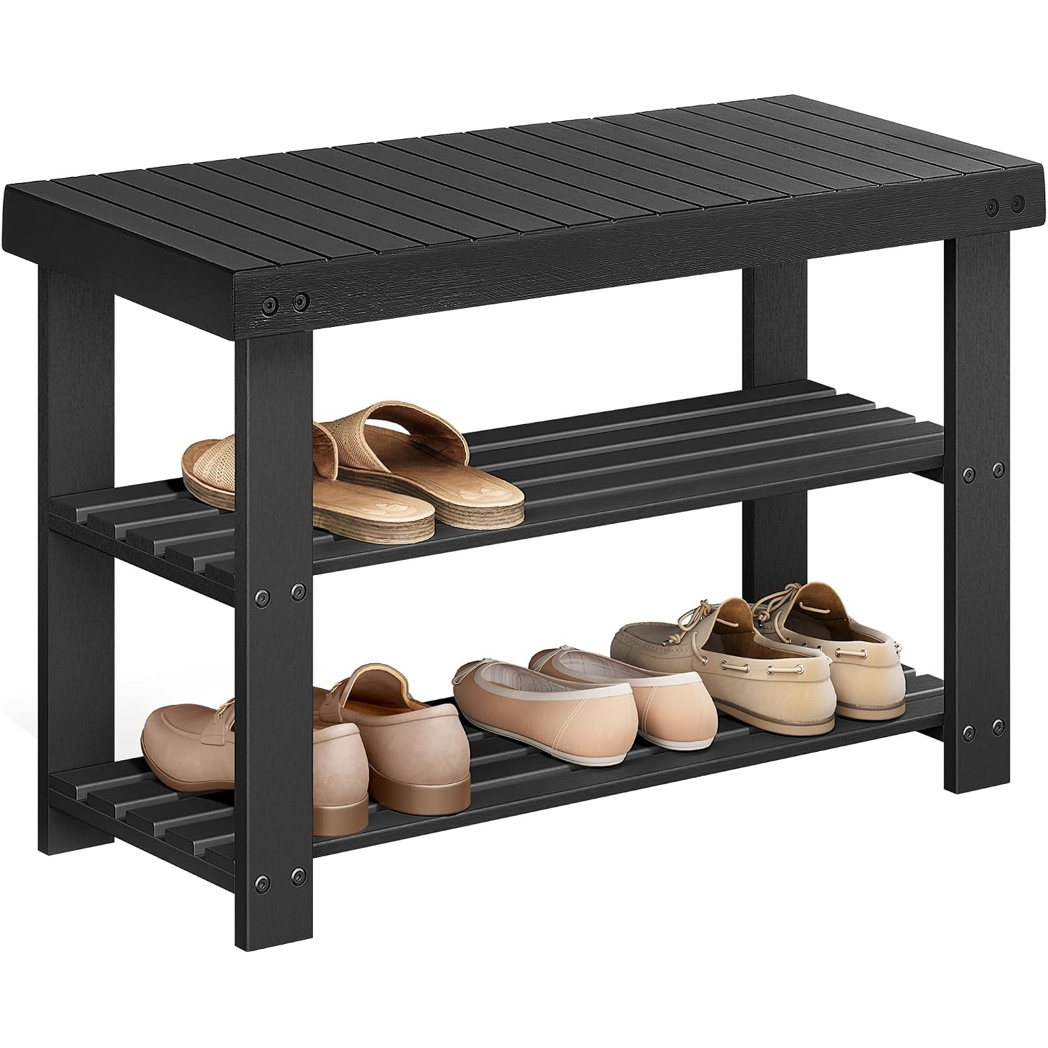 Songmics Shoe Rack Bench, 3-Tier Bamboo Shoe Storage Organizer, Entryway Bench, Holds Up To 286 Lb, 11.3 X 27.6 X 17.8 Inches, For Entryway Bathroom Bedroom, Ink Black Ulbs04H