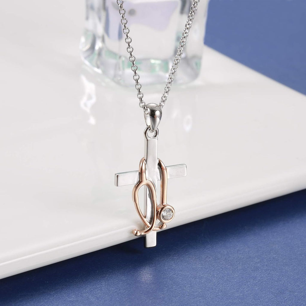 Sterling Silver Stethoscope Cross Necklace Earrings Bracelet Ring Women Medicine Pendant Jewelry Nurse Doctor Graduation Gift for Medical Student