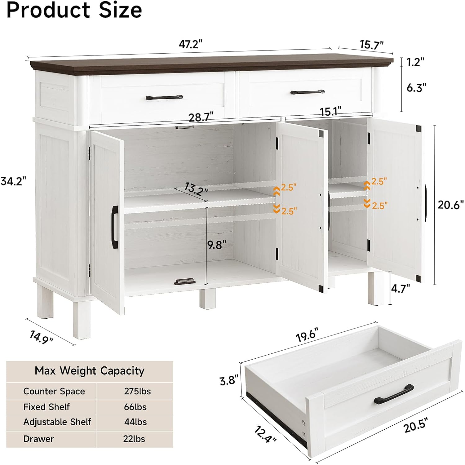 48 Inches Buffet Cabinet With Storage, Farmhouse Sideboard Buffet W/2 Drawers And 3 Doors, Wood Coffee Bar Cabinet With Adjustable Shelves, Sideboard Storage For Kitchen, Living Room, Off White