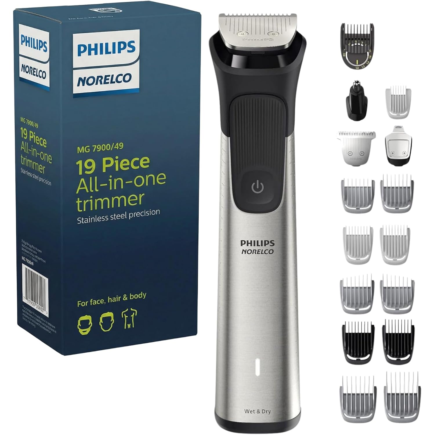 Philips Multigroom 7000 Series 21 Piece Beard Trimmer for Men, Hair & Body Grooming Kit, Precision Trimming Comb with Self-Sharpening Steel Blades, All-in-one Trimmer, Water Resistant