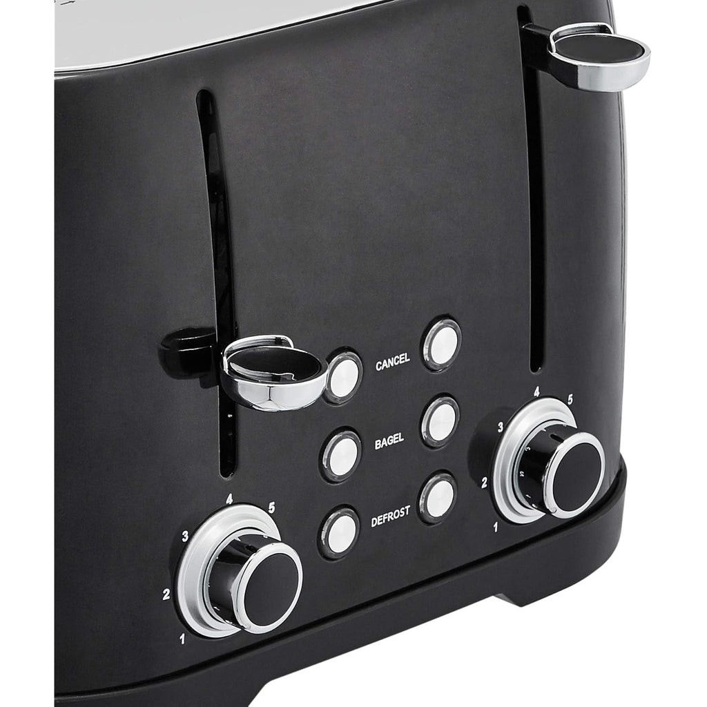Amazon Basics 4 Slice Toaster with 4 Slots, 6 Browning Settings, Defrost, Removable Crumb Tray, Bagel Function, Cancel Button, 1600W, Black