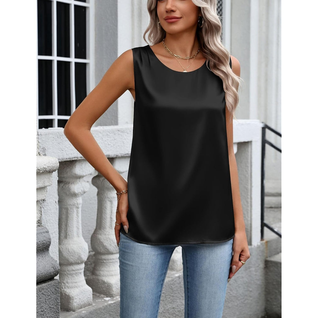 Zeagoo Womens Satin Tank Top Pleated Sleeveless Blouse Dressy Casual Tops Crewneck Silk Shirts Business Summer Clothes
