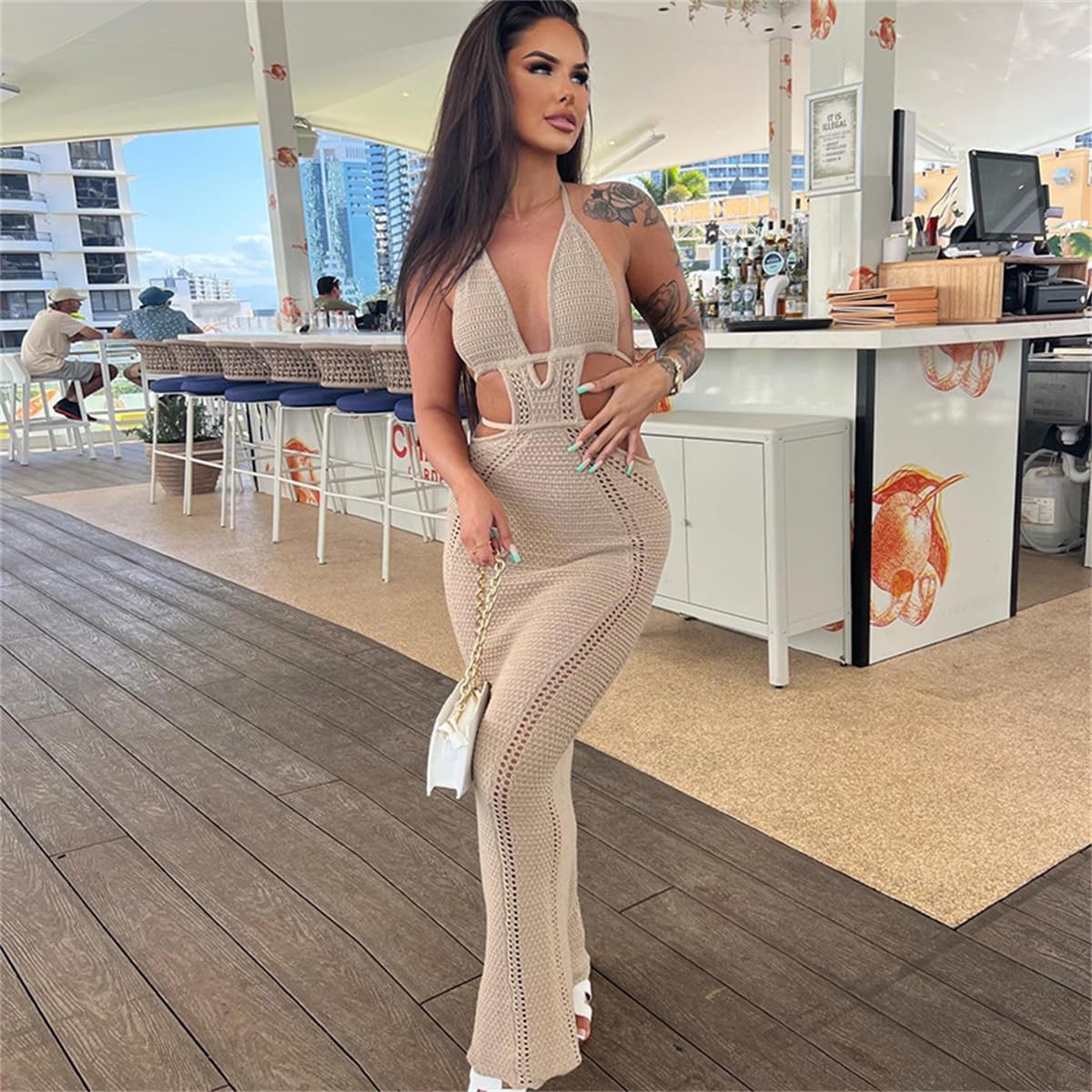 Women Sexy Crochet Maxi Dress Cut Out Halter V Neck Backless Knit Bodycon Long Dress Summer Beach Evening Party Dresses