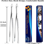 Jetkong 2 Pcs 12-Inch Kitchen Tweezers Fine Tweezer Tongs, Extra-Long Stainless Steel Cooking Tweezers (Silver)