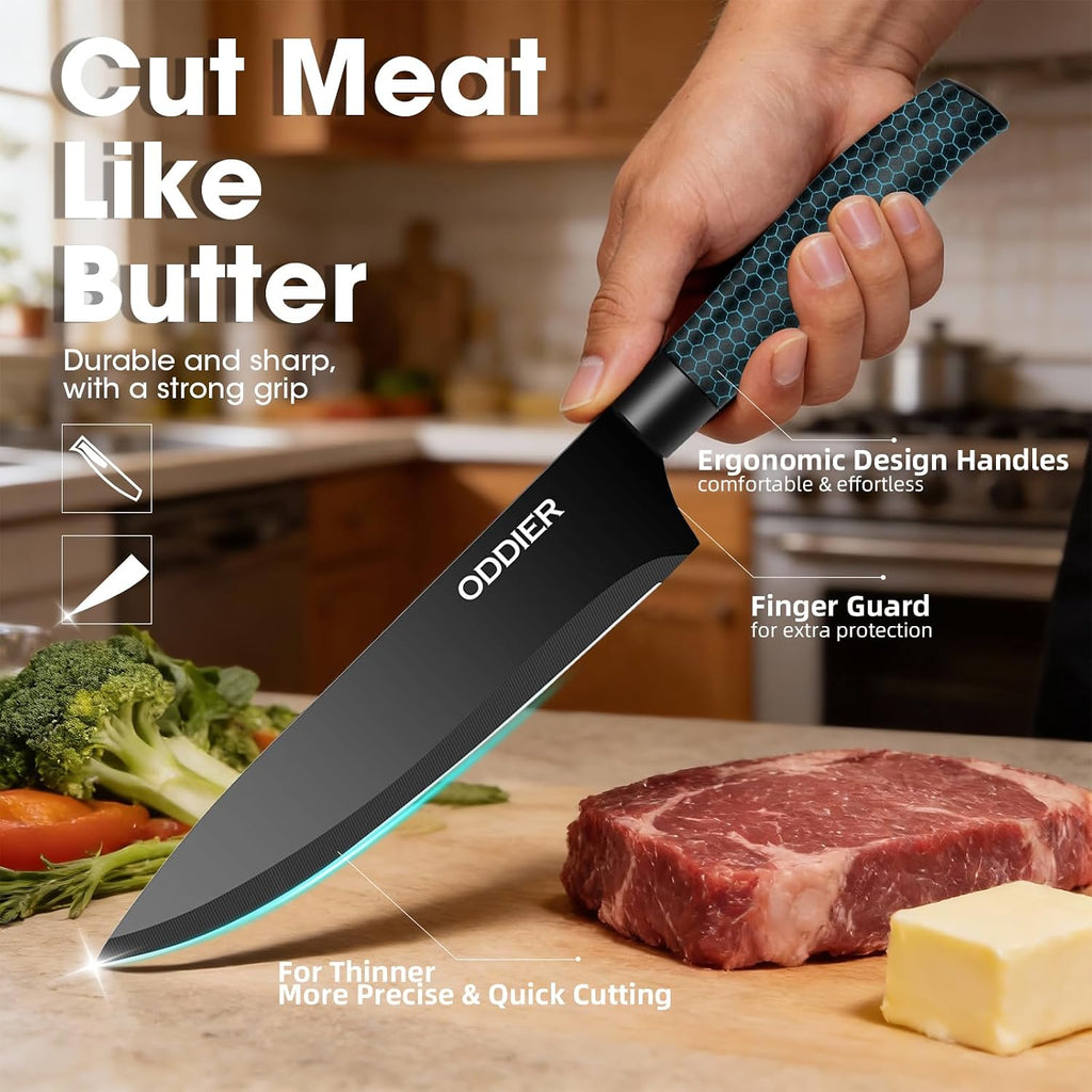 Knife Set, 10 Piece Kitchen Knife Set With Block And Sharpener, Anti-Rust Stainless Steel Knives Set For Kitchen, Chef Universal Knife Block Set, Dishwasher Safe, Ergonomical Design, Black