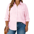 Plus Size Womens Solid Color V Neck Button Down Blouse Long Sleeve Casual Business Dressy Blouses Xl-5Xl