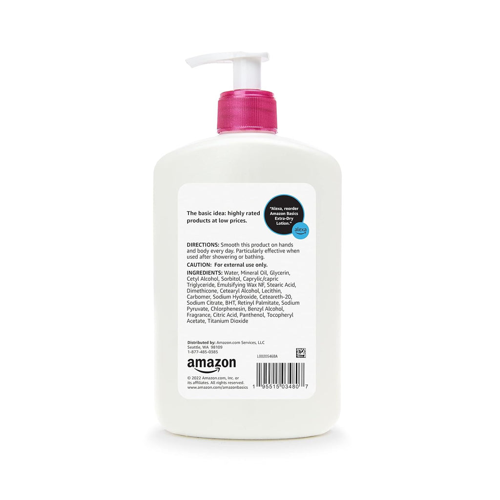 Amazon Basics Non-Greasy Body Moisturizer Lotion For Extra-Dry Skin With Vitamins B5 & E, Clean Scent, 16 Fl Oz, 4-Pack (Previously Solimo)