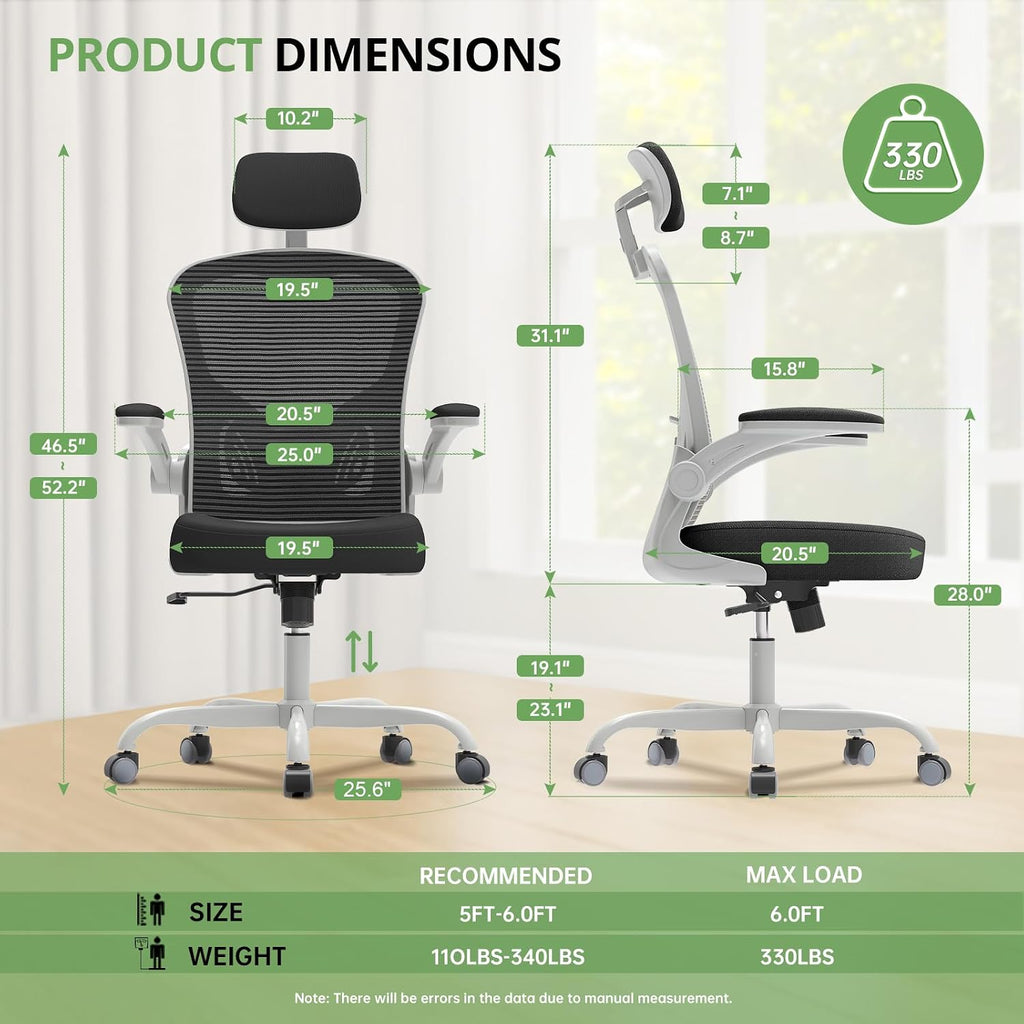 Office Chair Ergonomic Desk Chair, 330Lbs Capacity, High Back Computer Chair For Long Hours Comfortable, Rolling Swivel Executive Task Chair For Home Office With Flip-Up Armrests, Black