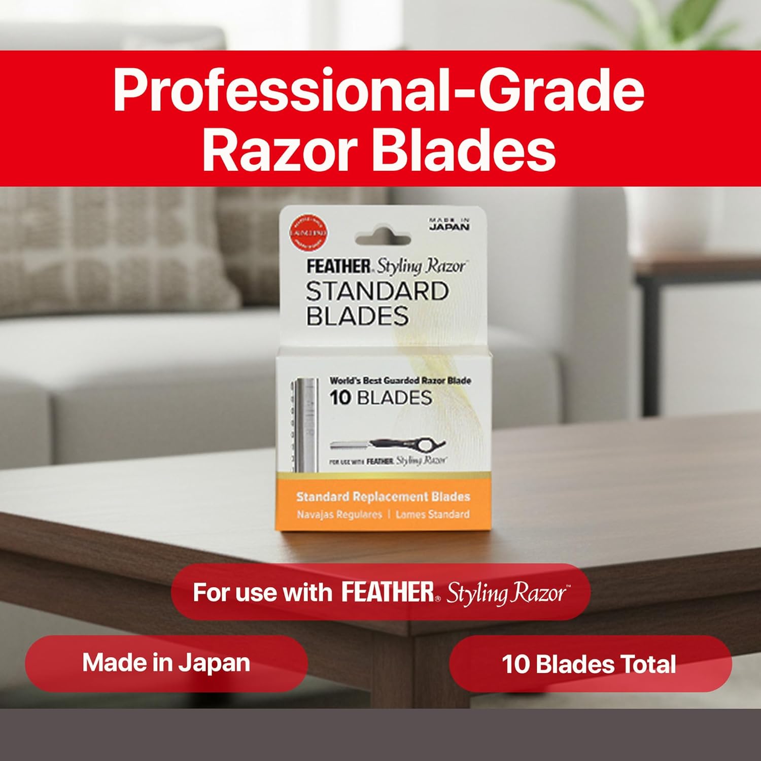 Feather Styling Razor Standard Blades - Professional Hair Cutting Blades for Styling, Shaping, Feathering, & Thinning - Stainless Steel Single Edge Guarded Blade - Made in Japan - Refill Pack - 10 Ct