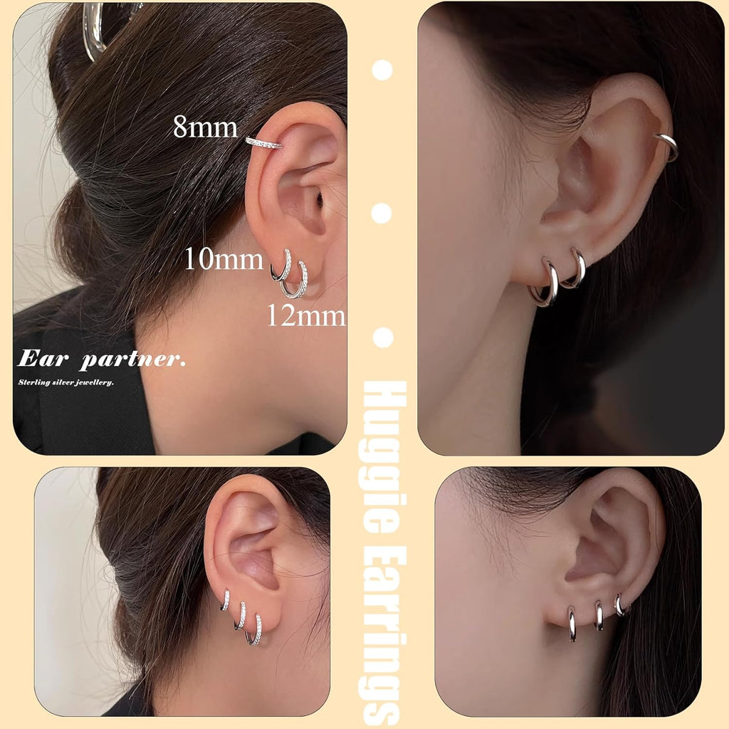 Cocadant 6 Pairs 925 Sterling Silver Small Hoop Earrings for Women,14k Real Gold Hypoallergenic Tiny Cubic Zirconia Cartilage Huggie Earring Sets for Multiple Piercing Trendy Jewelry 8/10/12mm