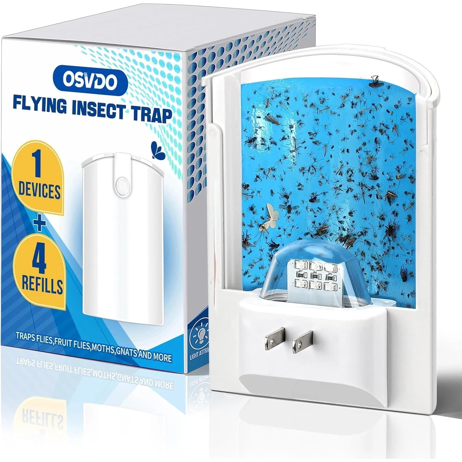 Blue Uv Light Flying Insect Trap, Plug-In Bug Catcher With 4 Sticky Refills For 100+ Days, Fly Catcher For Flies, Fruit Flies, Gnats, Moths, Silent For Home
