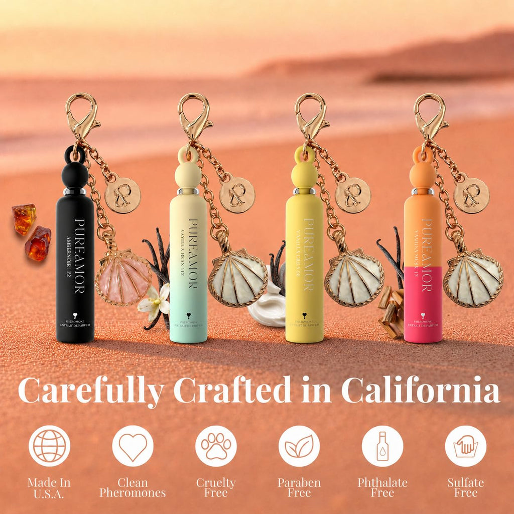 Pheromone Perfume For Women, Vanilla Lover 4-Pack Keychain Set – Amber Noir, Bean, Cream & Musk, Mini 30% High Conc, Ultra-Portable, 0.07 Oz / 2 Ml Each