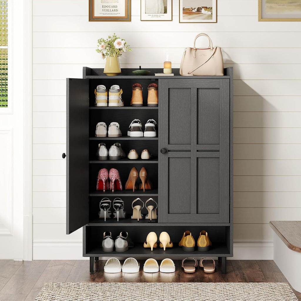 Shoe Cabinet With Cross Molding Doors, 6-Tier Shoe Storage Cabinet With 3 Adjustable Shelves And Metal Legs, 45'' Tall Shoes Rack Organizer Cabinet For Entryway, Front Door, Black