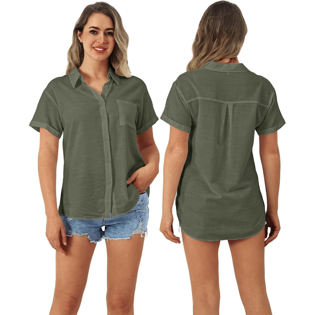 Keriffe Short Sleeve Button Down Cotton Gauze Casual Shirts For Women | Summer Linen Tops ,Loose Fit Shirts,Pockets