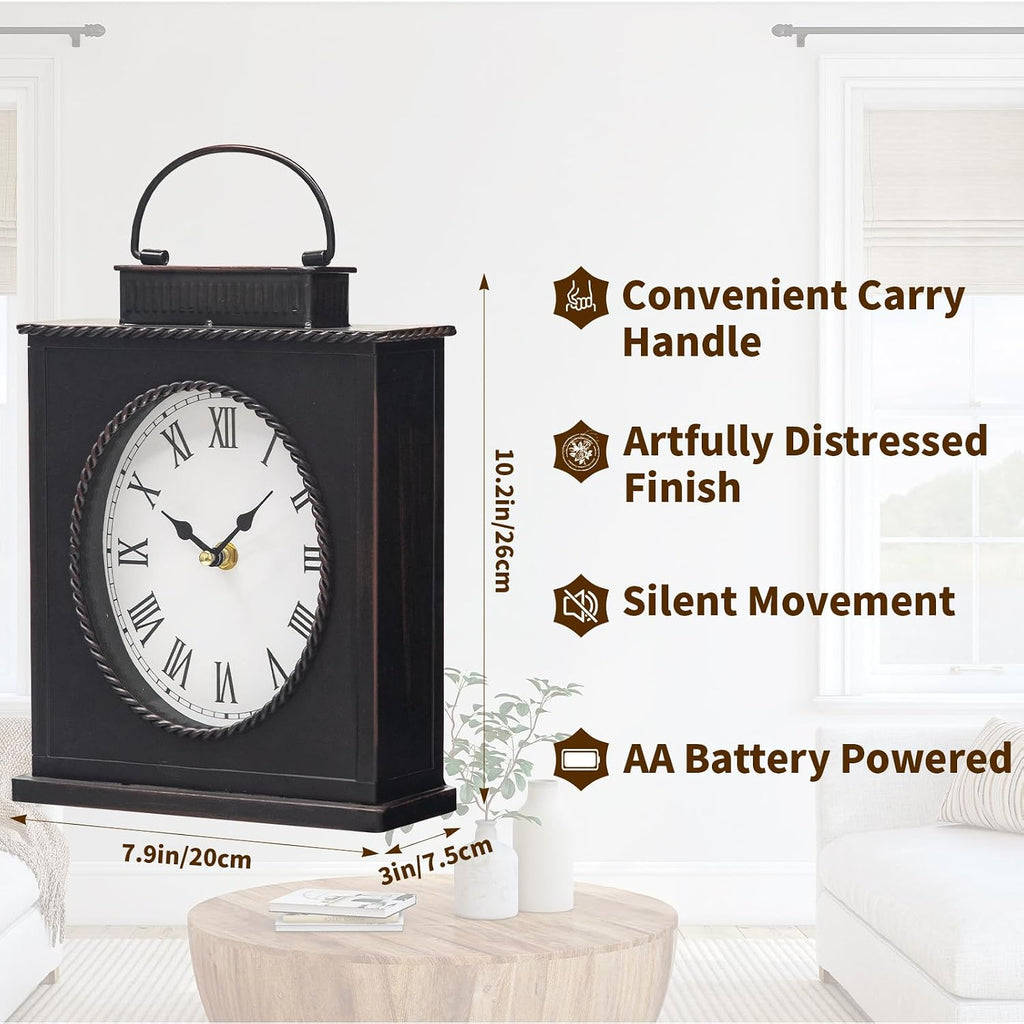 Vintage Mantel Clock, Large Rustic Distressed Metal Table Clock With Handle, Silent Non-Ticking Quartz Movement, Antique Brown Fireplace Shelf Desk Clock For Living Room Bedroom Office