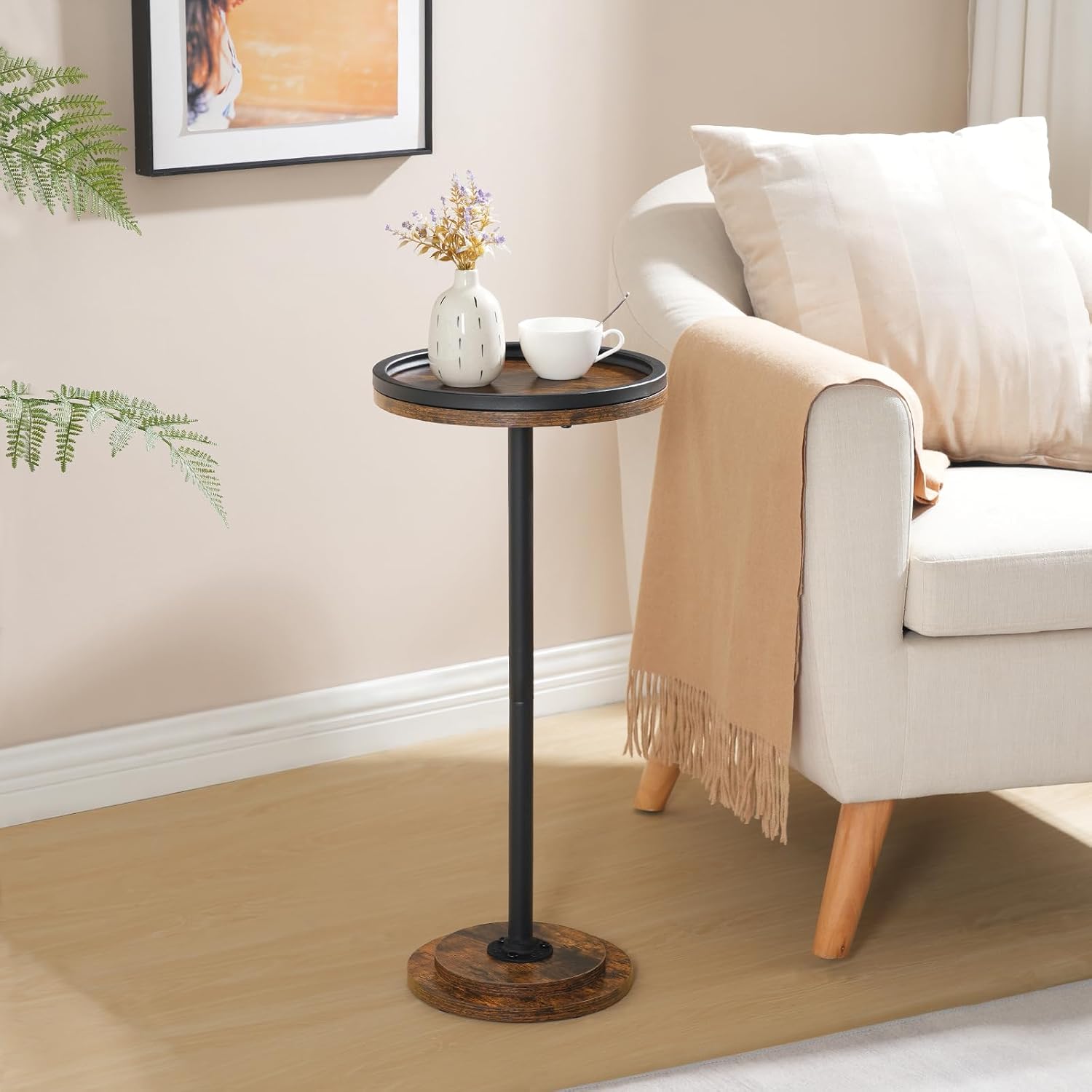 Hoobro Small Round Side Table, Drink Table, Coffee Martini Table With Pedestal Accent For Small Spaces In Living Room, Bedroom, Sofa Couch, Rustic Brown Bf168Bz01