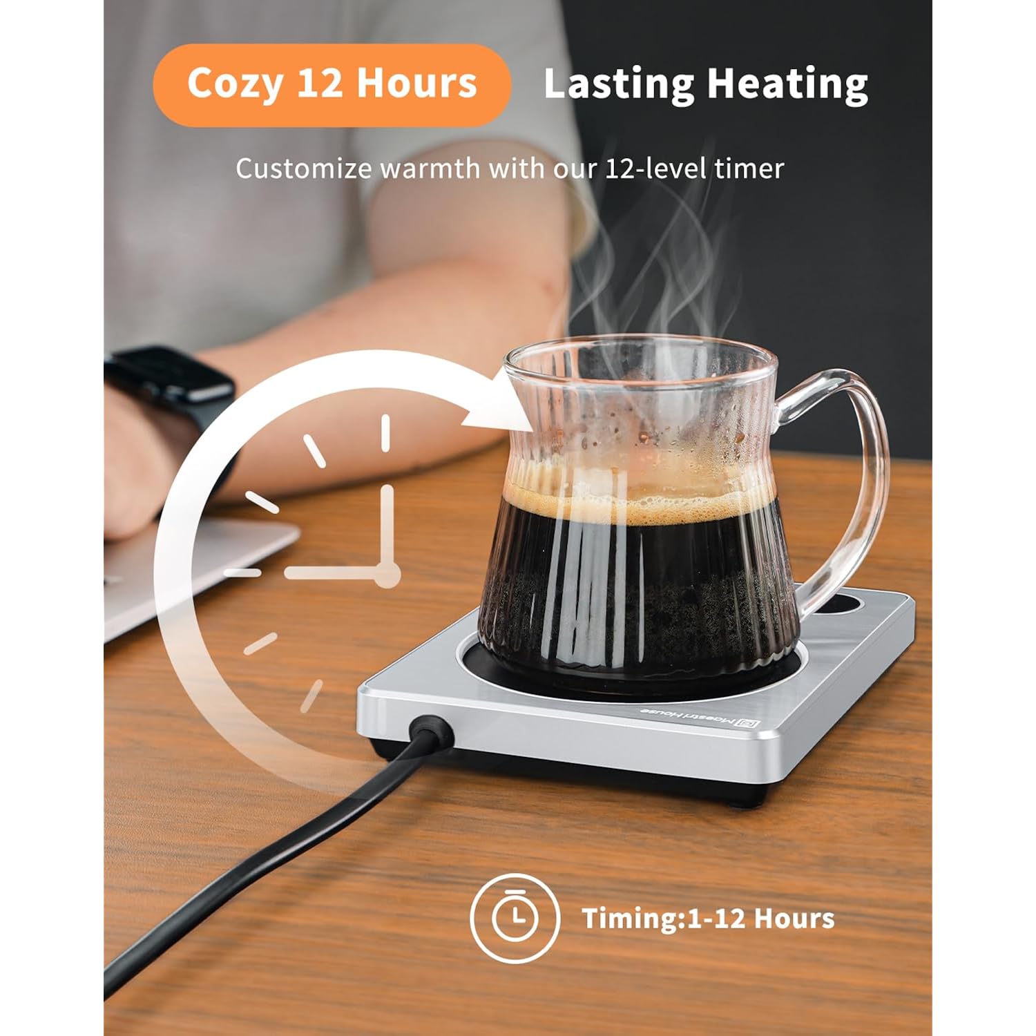 Maestri House ETL Listed Coffee Mug Warmer with 4 Temp Settings & 1-12 Hour Timer, Auto Shut Off for Desk, Smart Electric Beverage Warmer, Candle Melter for Home and Office (Silver)