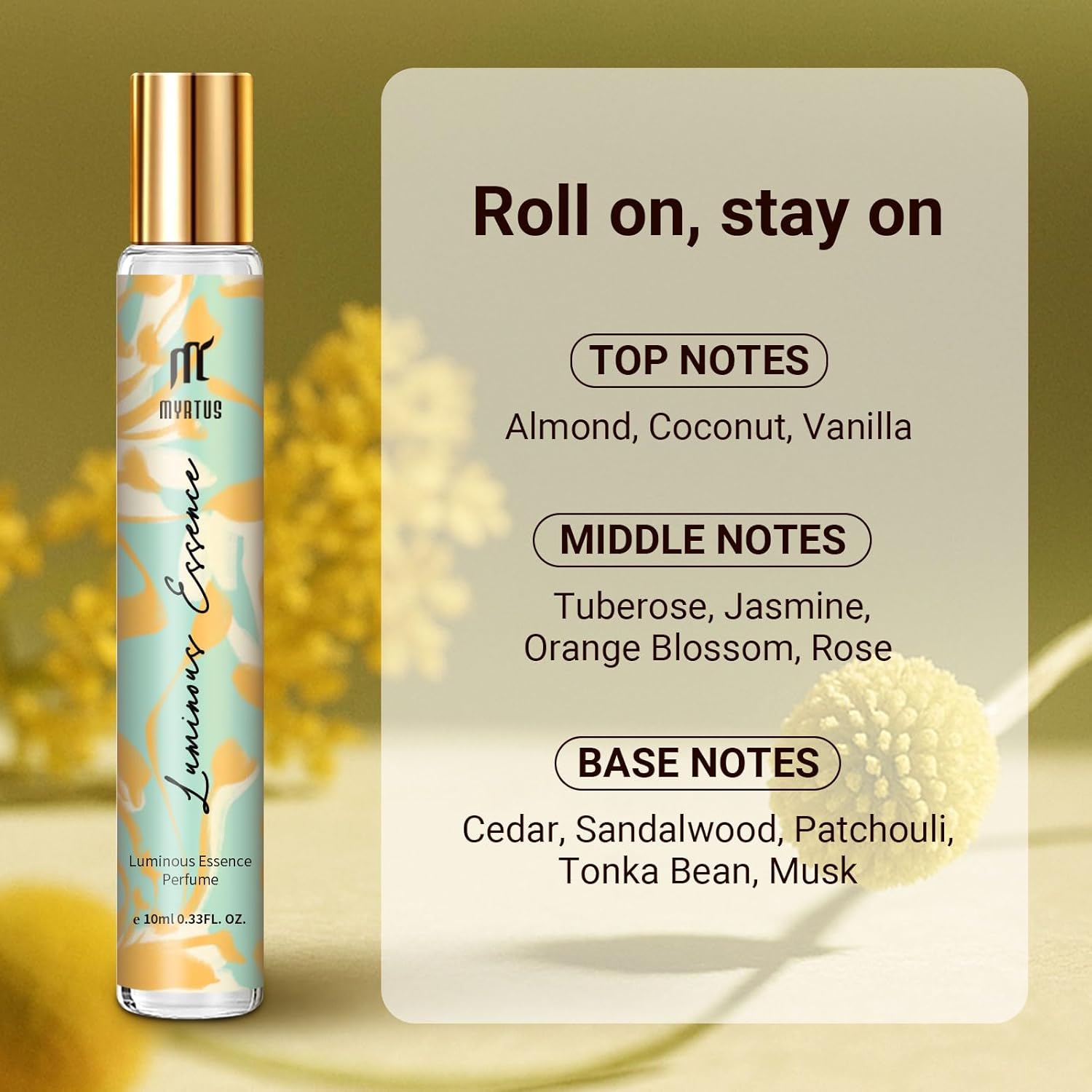 Unisex Perfume Roll On, 0.33 fl. oz Eau de Parfum, Long Lasting Powdery Woody Fragrance Gift for Women, Mother, Wife, Girlfriend, Office & Day Scent