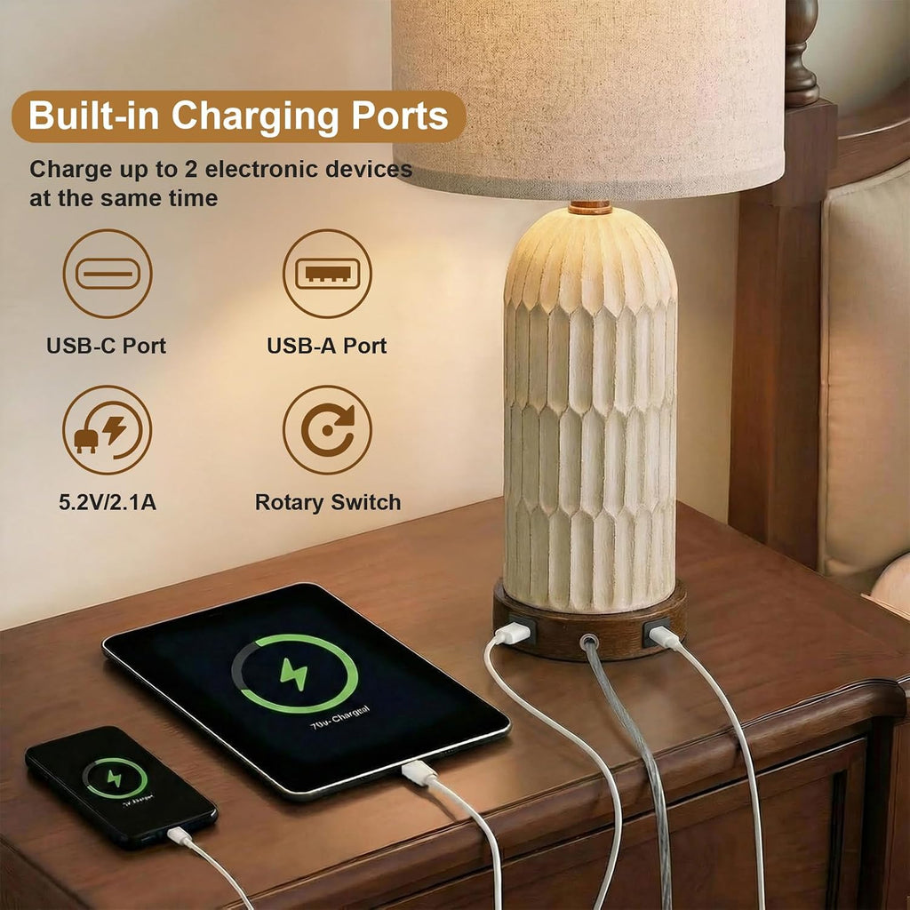 22.5" Bedside Table Lamps Set Of 2, Farmhouse Table Lamp With Usb A+C Charging Ports,Vintage Nightstand Lamp For Bedrooms And Living Rooms, Retro Resin End Table Lamp, Beige And Brown