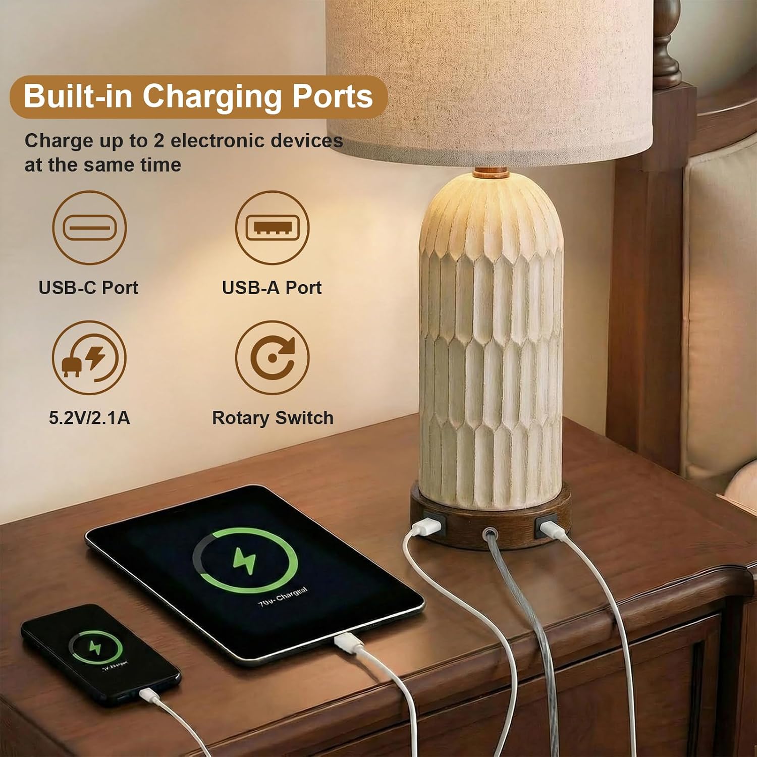 22.5" Bedside Table Lamps Set Of 2, Farmhouse Table Lamp With Usb A+C Charging Ports,Vintage Nightstand Lamp For Bedrooms And Living Rooms, Retro Resin End Table Lamp, Beige And Brown