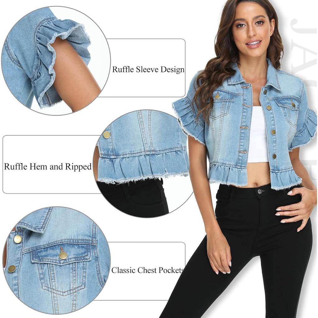 Miss Moly Women'S Denim Jacket Ruffle Sleeve Button Down Distressed Summer Cropped Jean Jackets