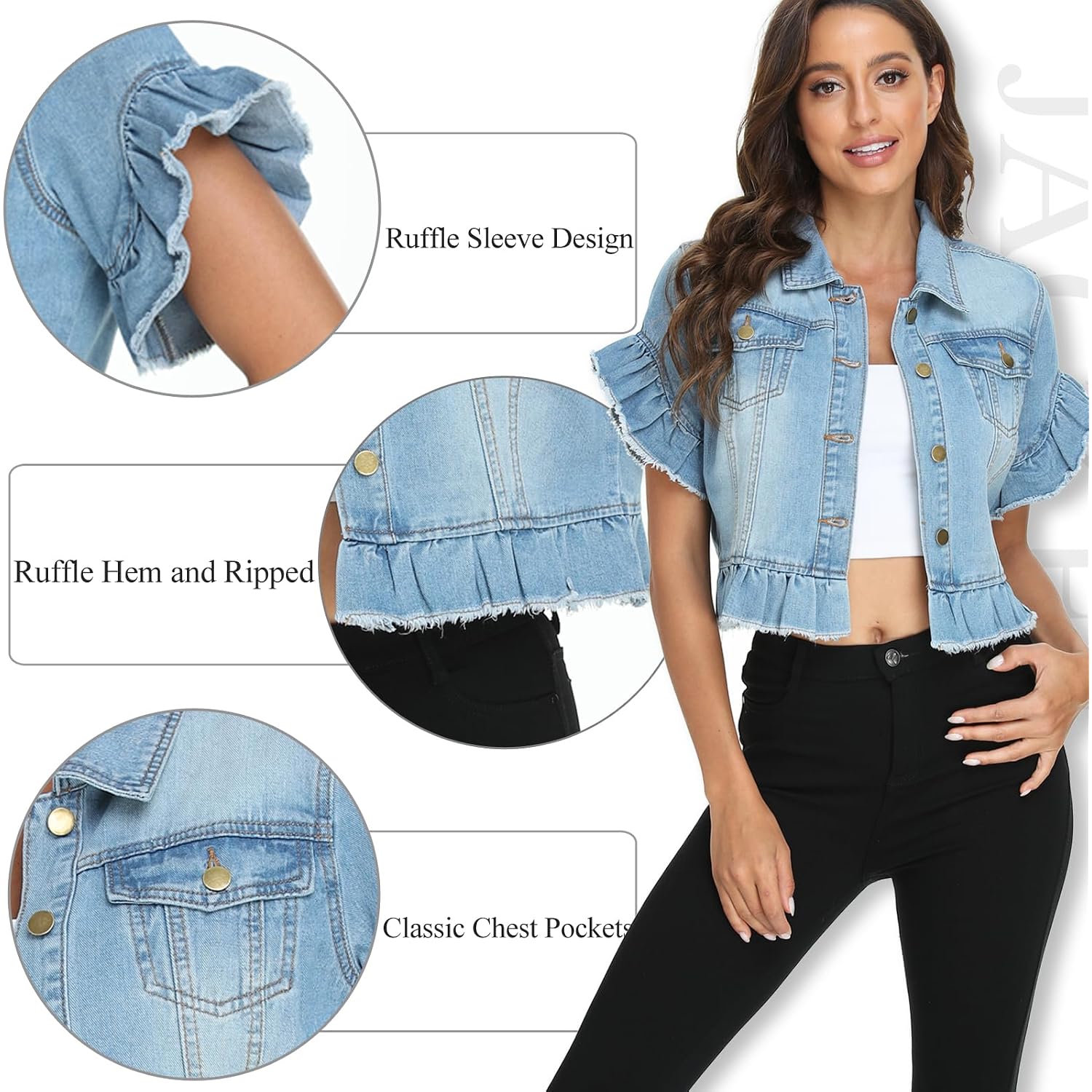 Miss Moly Women'S Denim Jacket Ruffle Sleeve Button Down Distressed Summer Cropped Jean Jackets