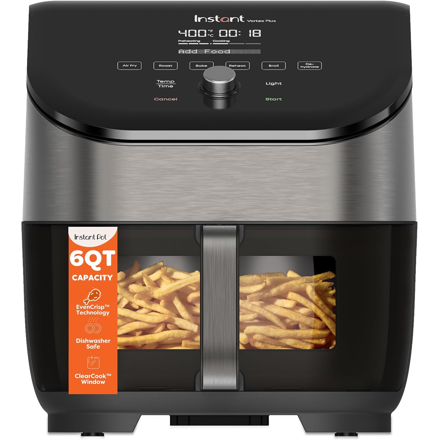Instant Pot Vortex Plus 6Qt Air Fryer With Odor Erase Technology,6-In-1 Functions That Crisps,Roasts, Broils,Dehydrates, Bakes & Reheats, 100+In-App Recipes, From The Makers Of Instant Pot,1700W,Black