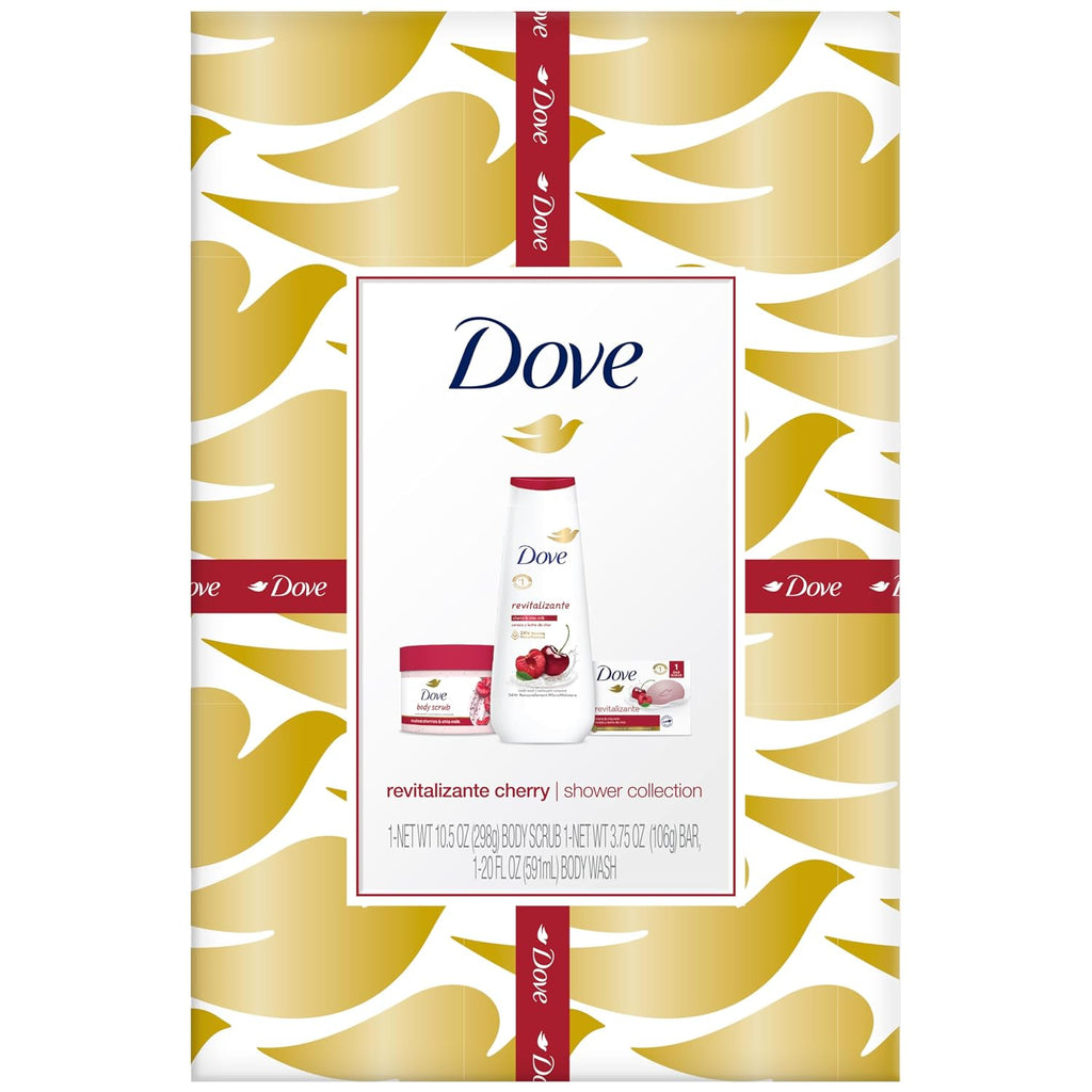 Dove Revitalizing Cherry Collection Gift Set – Fruit And Chia Milk Body Wash, Exfoliating Body Polish + Soap Bar (3 Piece Set)