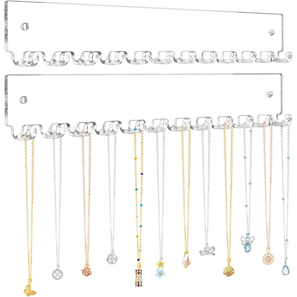 Acrylic Necklace Holder 2 Pack Wall Mounted Necklace Organizer Hanging Jewelry Organizer With 12 Hooks For Necklaces, Bracelets, Rings And Bangles Display