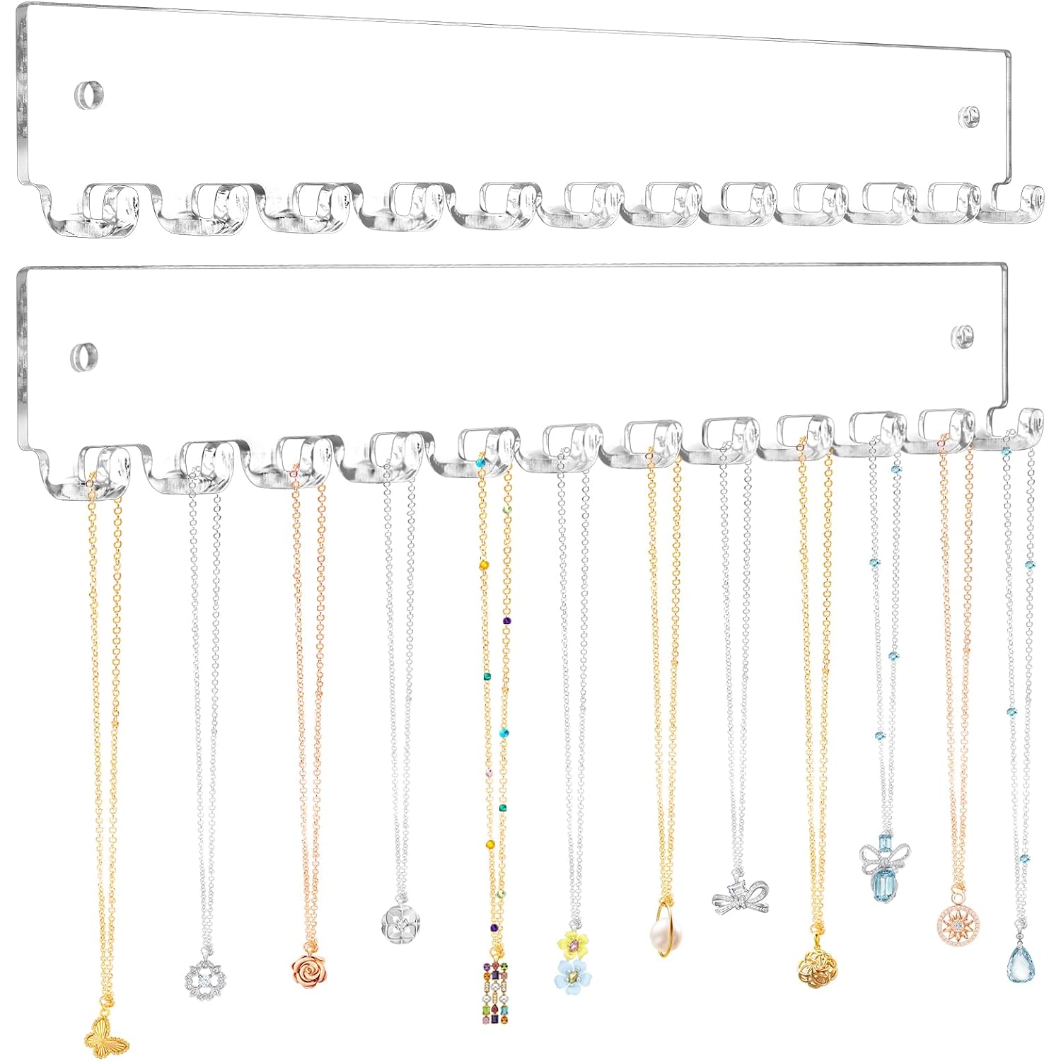 Acrylic Necklace Holder 2 Pack Wall Mounted Necklace Organizer Hanging Jewelry Organizer With 12 Hooks For Necklaces, Bracelets, Rings And Bangles Display