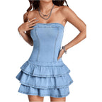 Wdirara Women'S Strapless Layered Ruffle Denim Dress Bandeau Slim Fit Mini Dresses