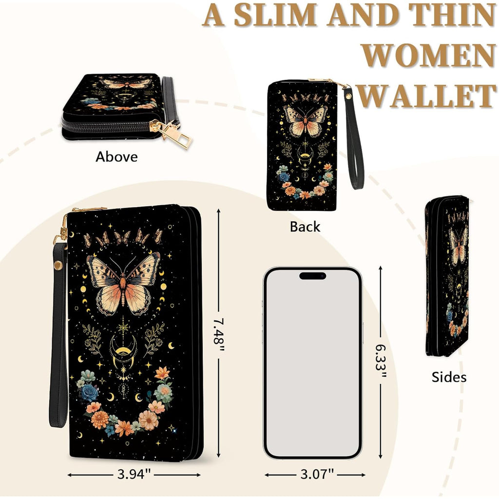 Butterfly Flowers Womens Wallet, RFID Blocking Wallets for Women, ButterflyFloral Ladies Purse with Zip Around Credit Card Holder and 10 Card Slots & ID Window, Large Capacity Clutch Christmas Gift